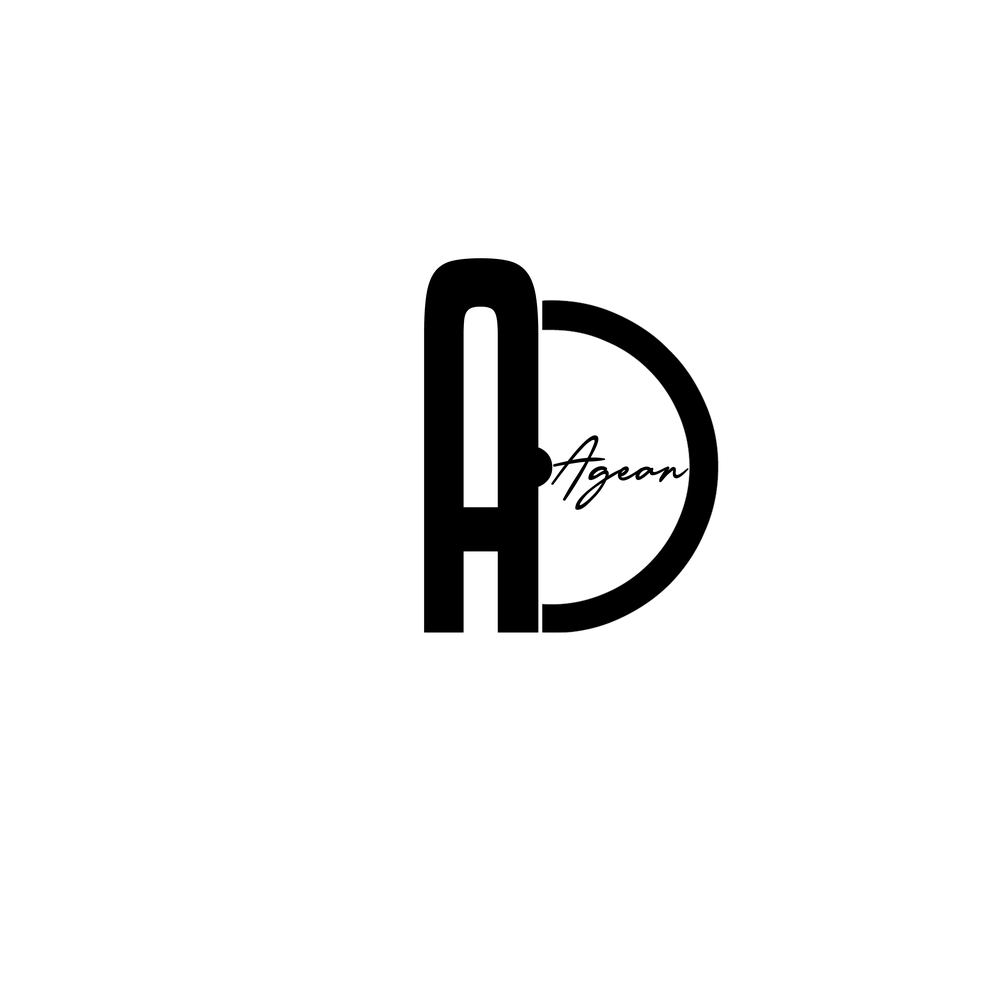 Black stylized letter A merging with letter D forming a logo with cursive text Agean inside the D shape on white background