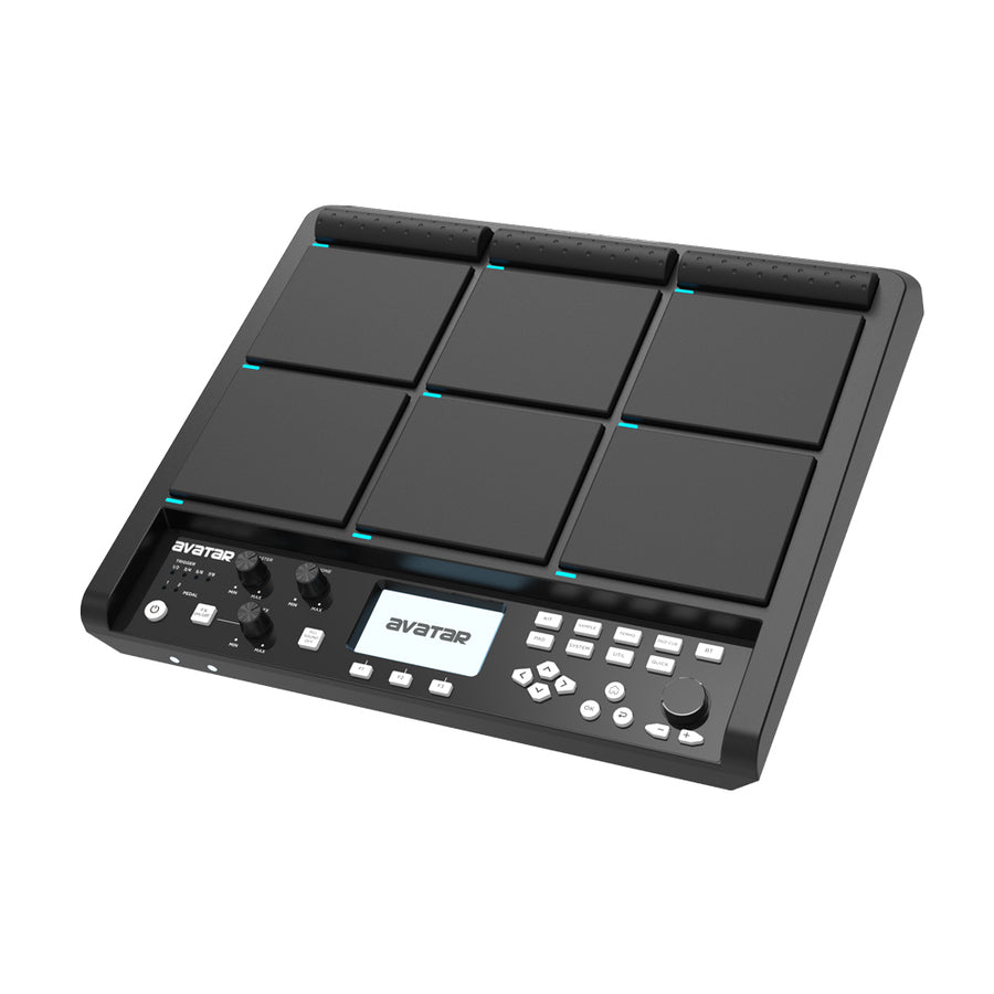 Avatar PD708 digital drum and sample pad with multiple black pads and blue accents on a stand, equipped with controls and a display.
