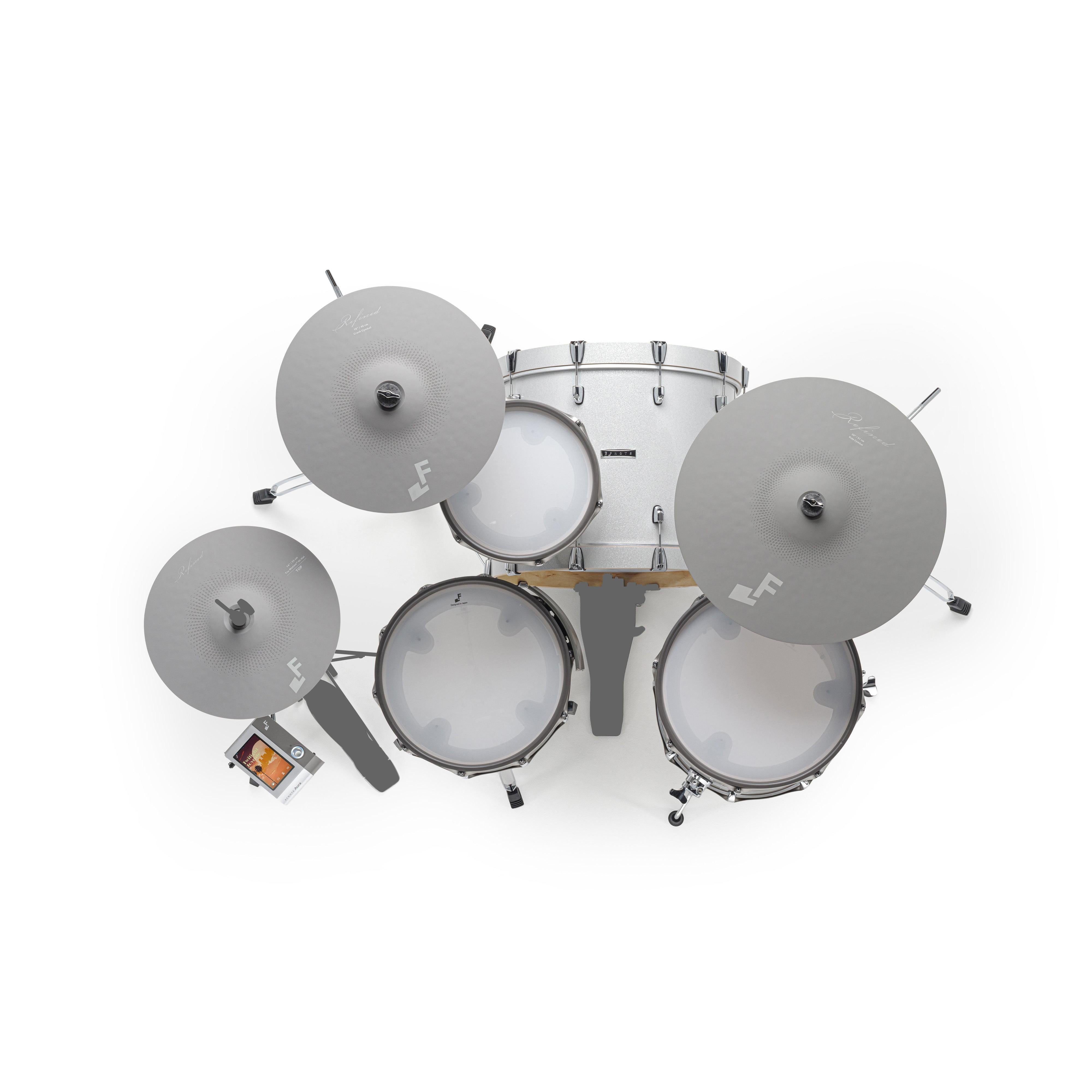 EFNOTE Aura 70 electronic drum kit seen from above, showing the snare, tom and cymbal layout