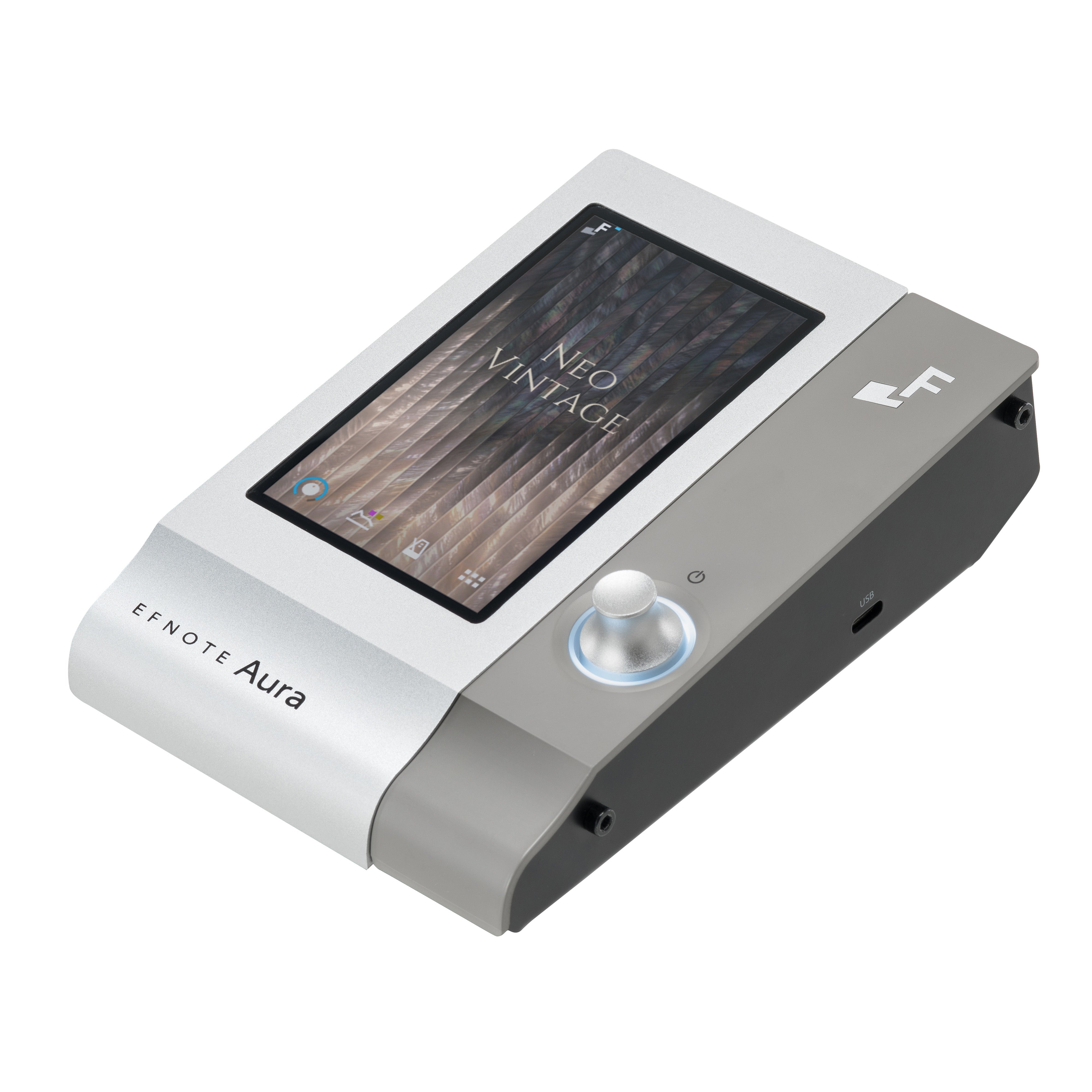 EFNOTE Aura sound module, angled view of the touchscreen and rotary knob