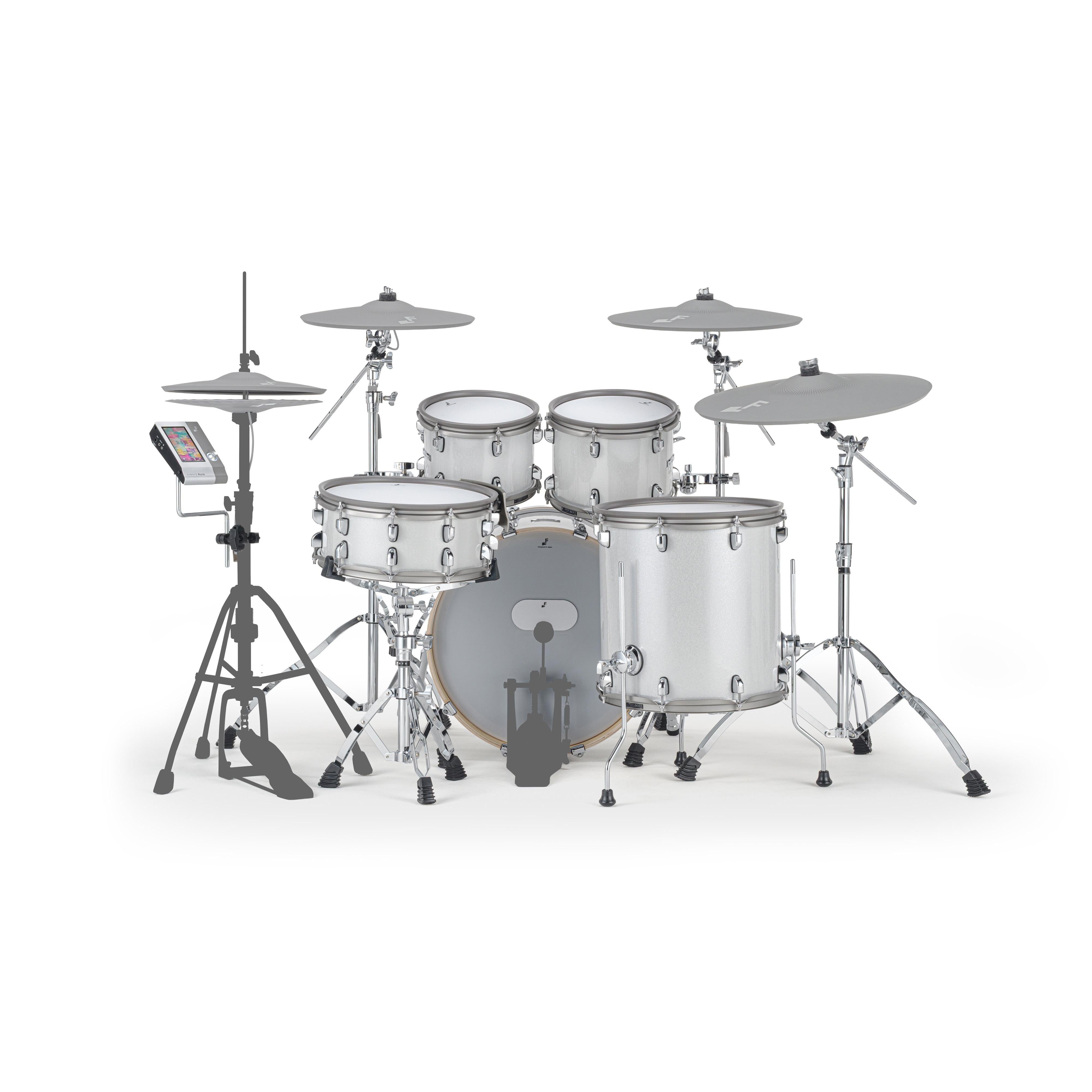 EFNOTE Aura 71 electronic drum kit seen from the drummer's side, with hi-hat, snare and two rack toms