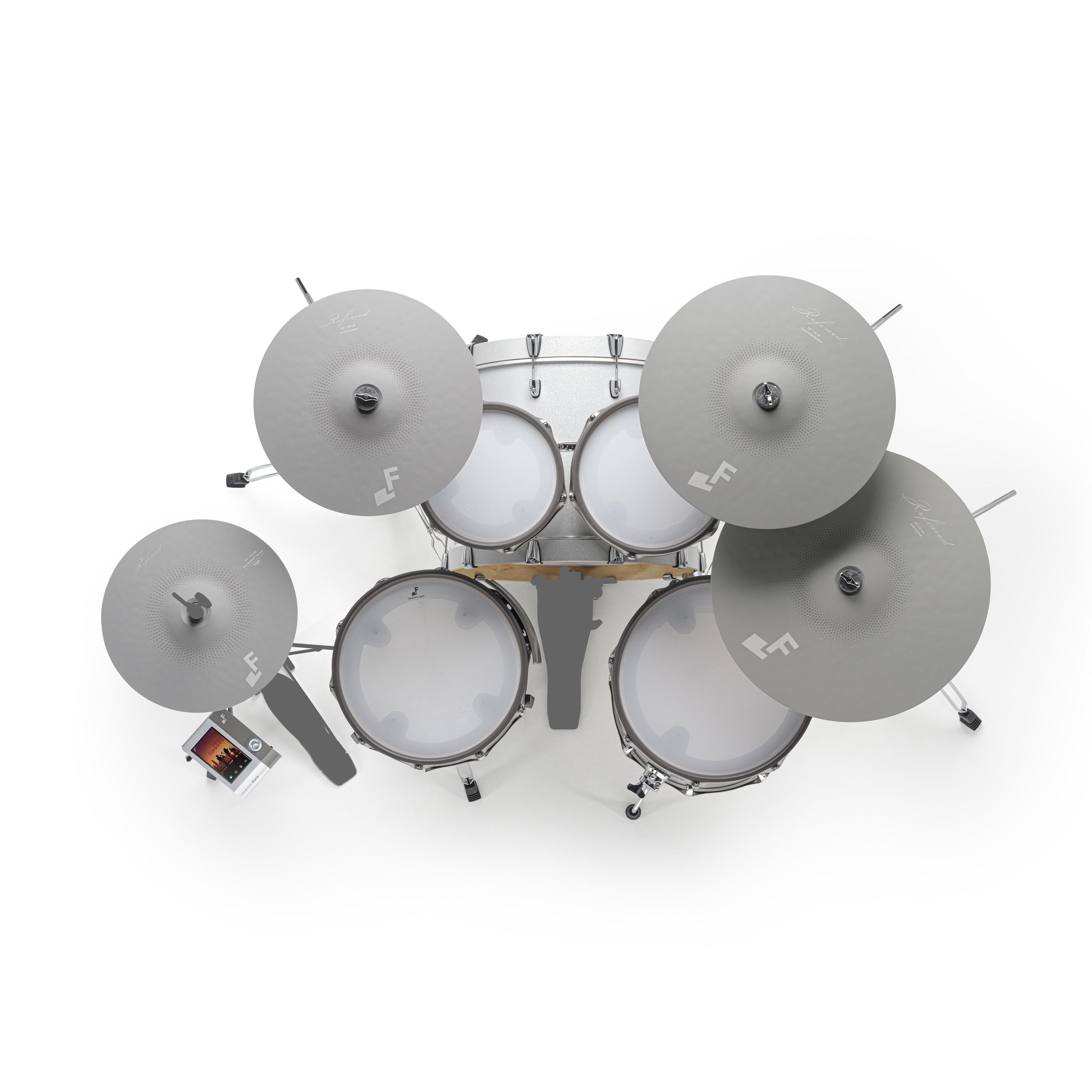 EFNOTE Aura 71 electronic drum kit from above, showing the five-piece tom and cymbal layout