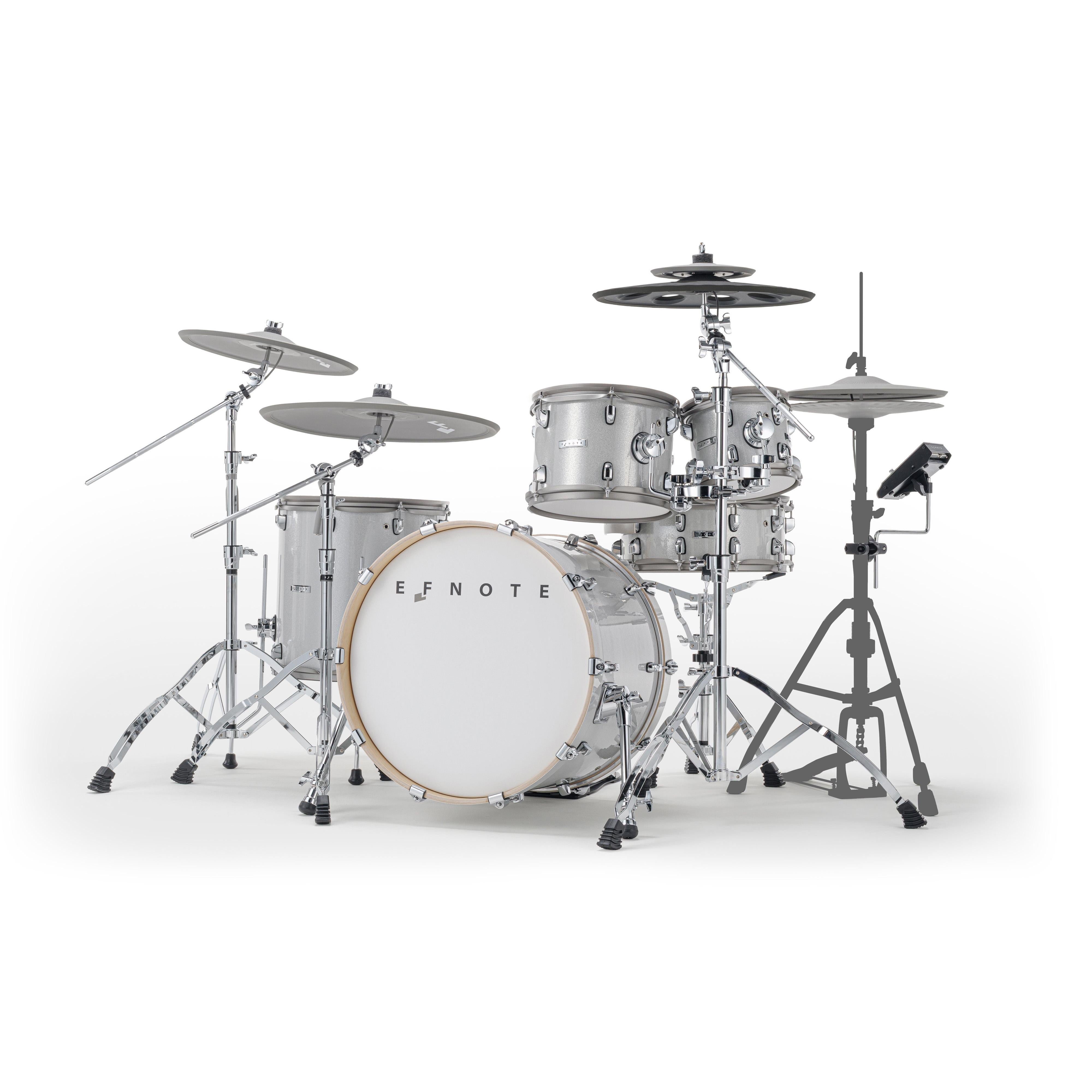 EFNOTE Aura 72 electronic drum kit in white, front view with splash and effect crash cymbal pads