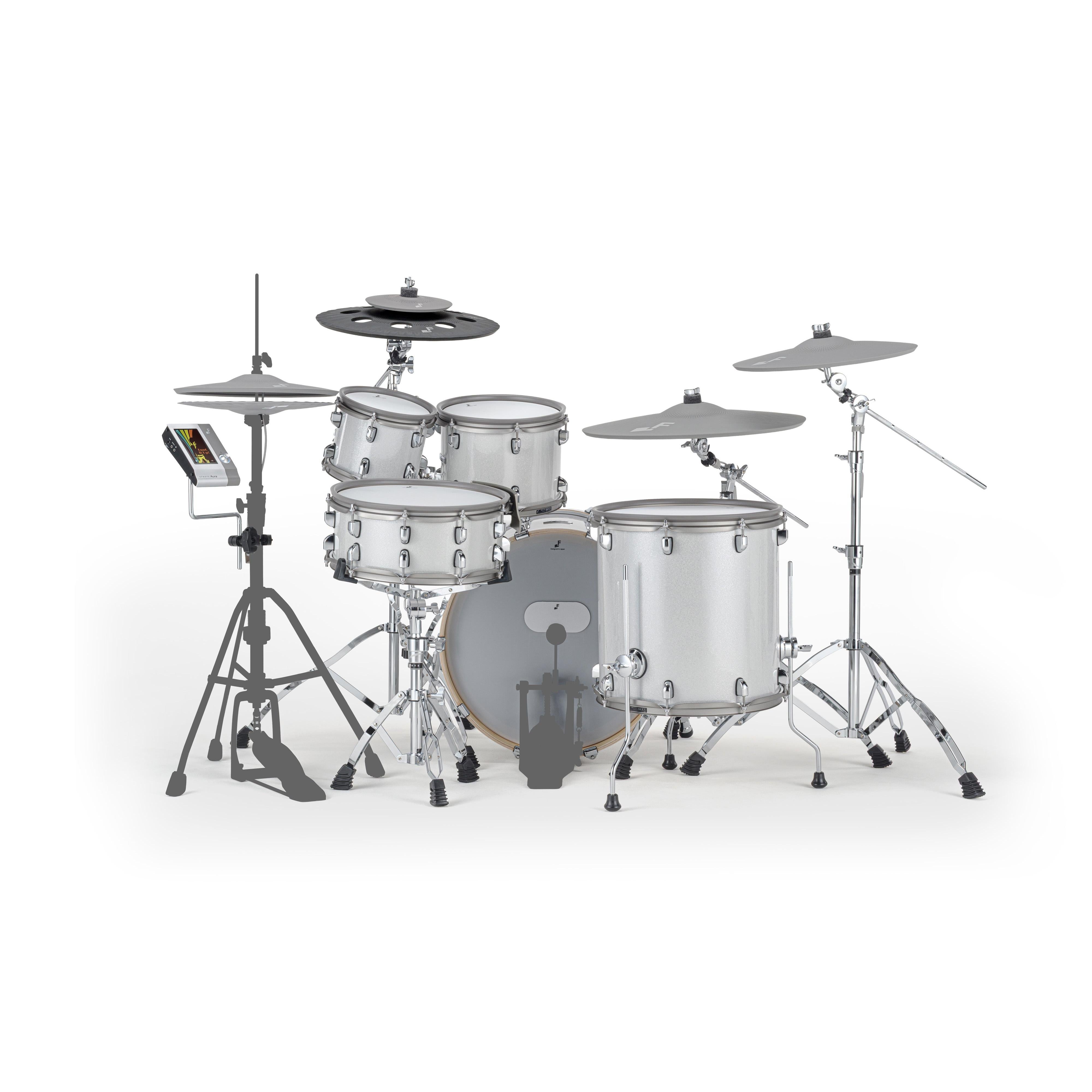 EFNOTE Aura 72 electronic drum kit seen from the drummer's side, with 8″ and 11″ rack toms