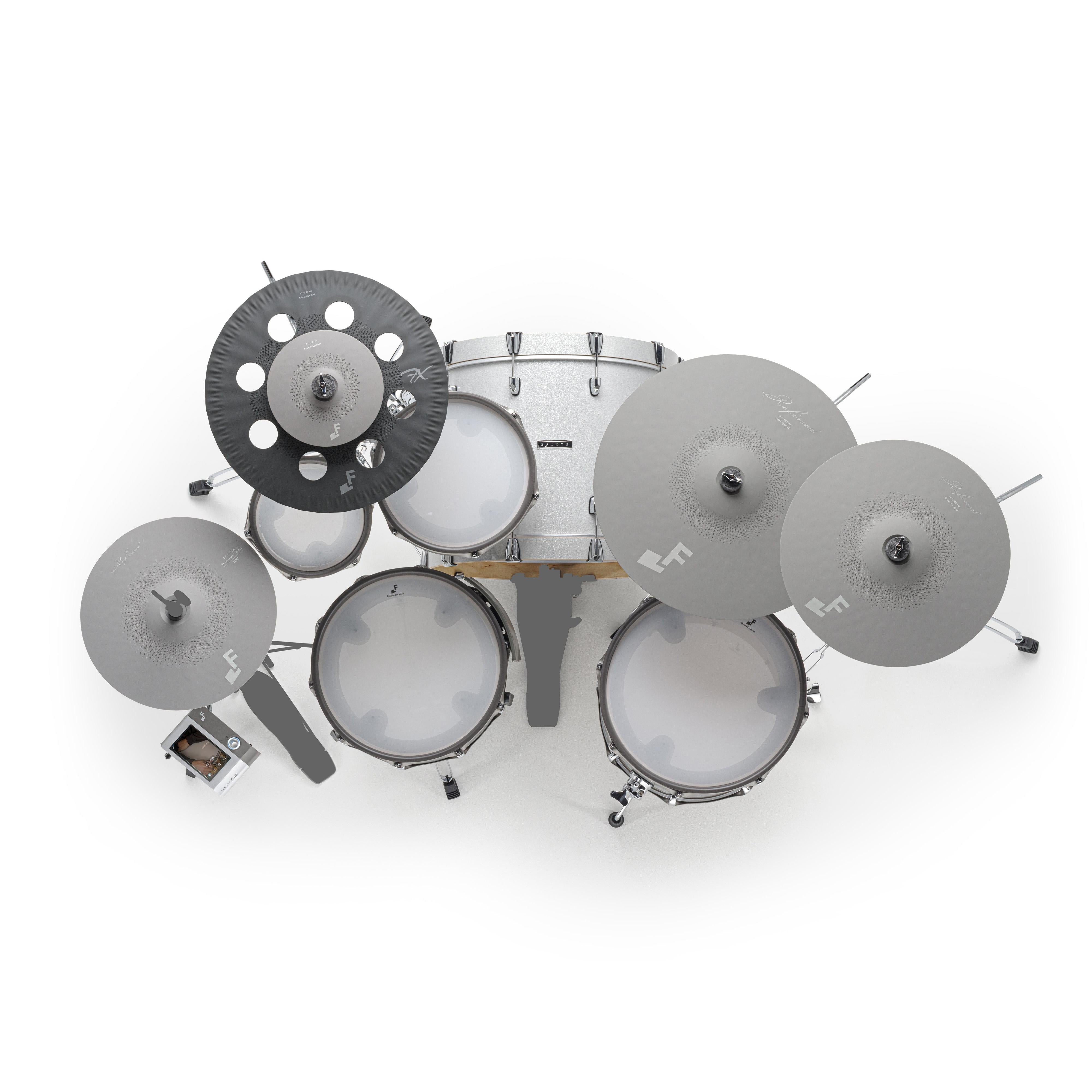 EFNOTE Aura 72 electronic drum kit from above, showing the effect crash, splash and tom layout