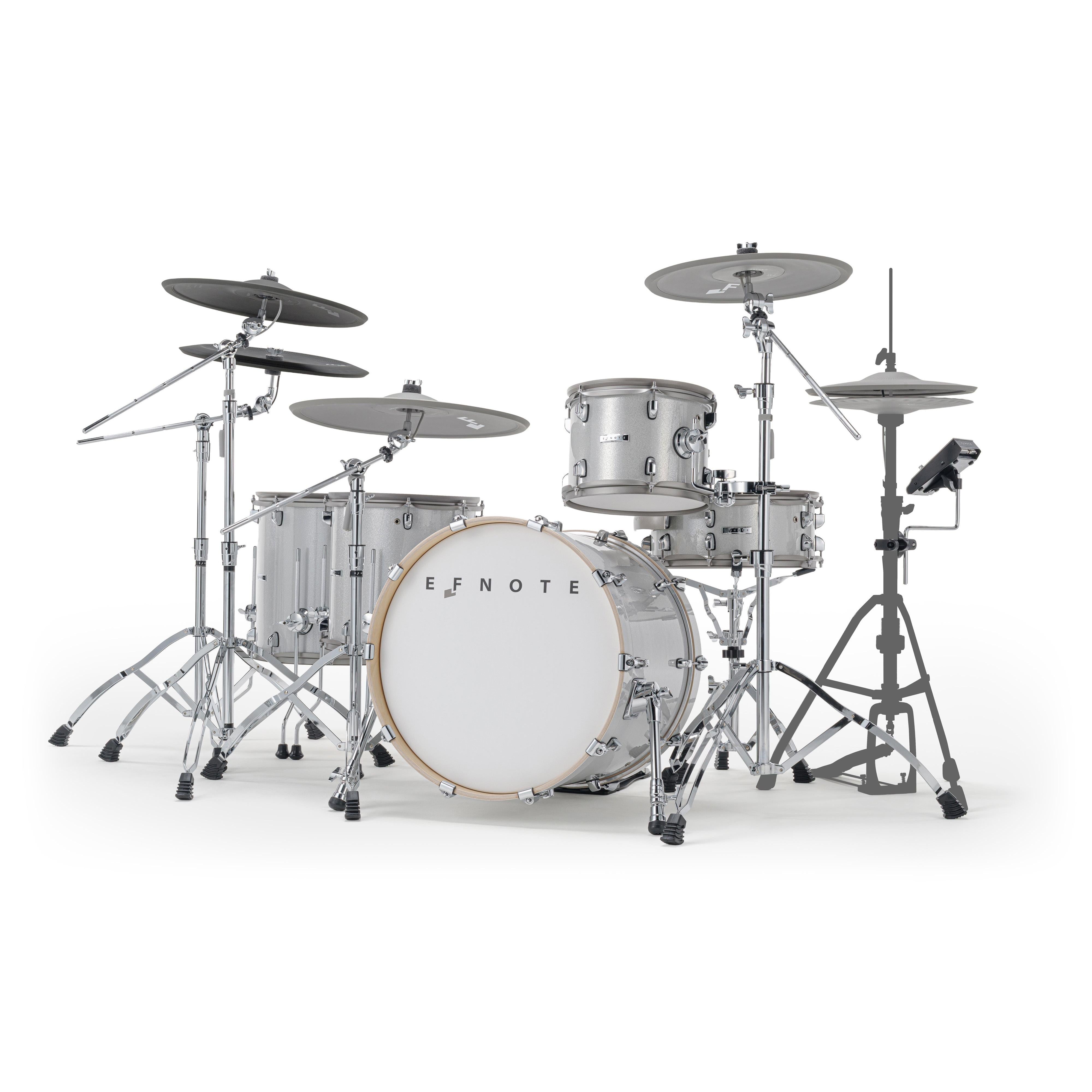 EFNOTE Aura 73 electronic drum kit in white, front view with two floor toms and dark crash and China pads