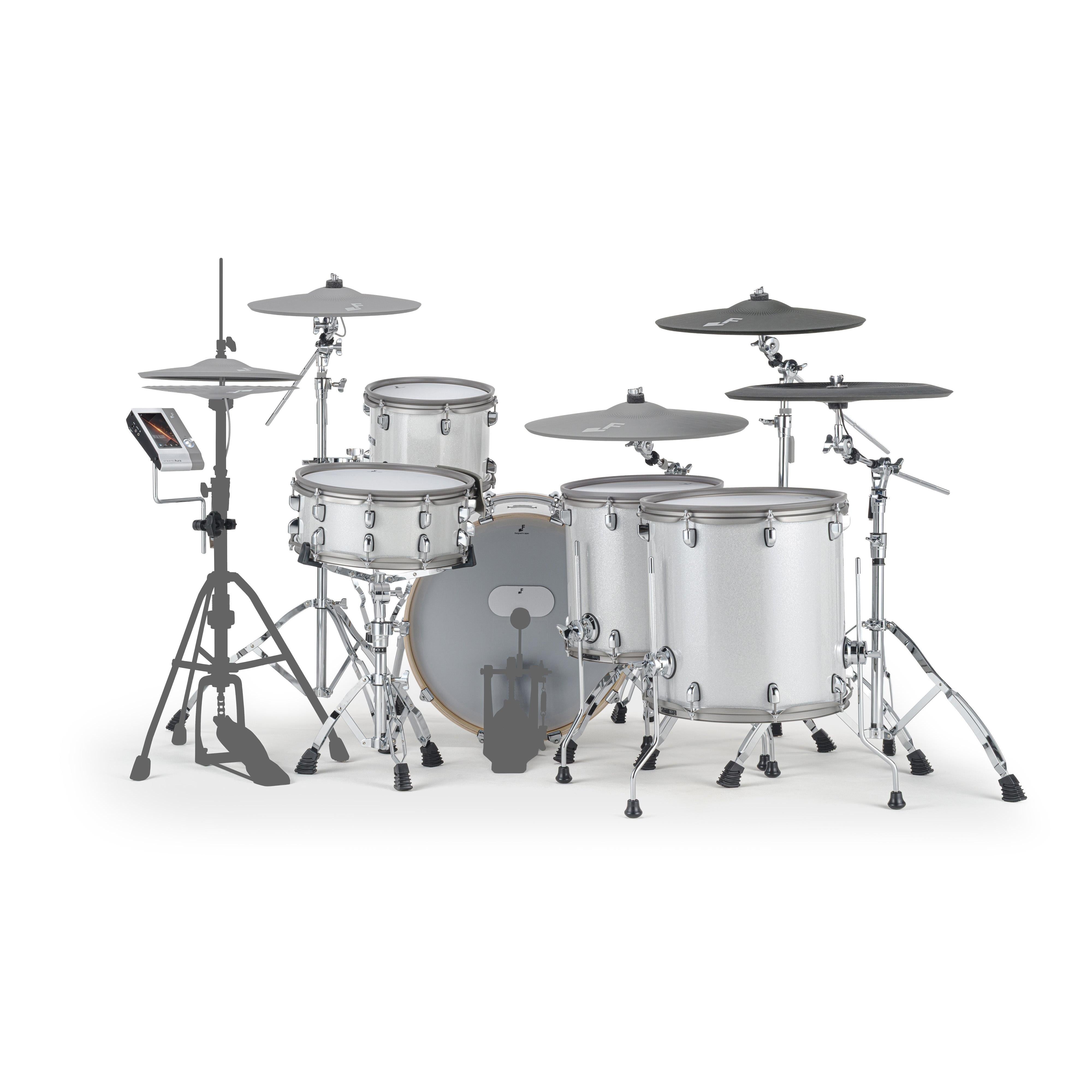 EFNOTE Aura 73 electronic drum kit seen from the drummer's side, with 13″ and 15″ floor toms
