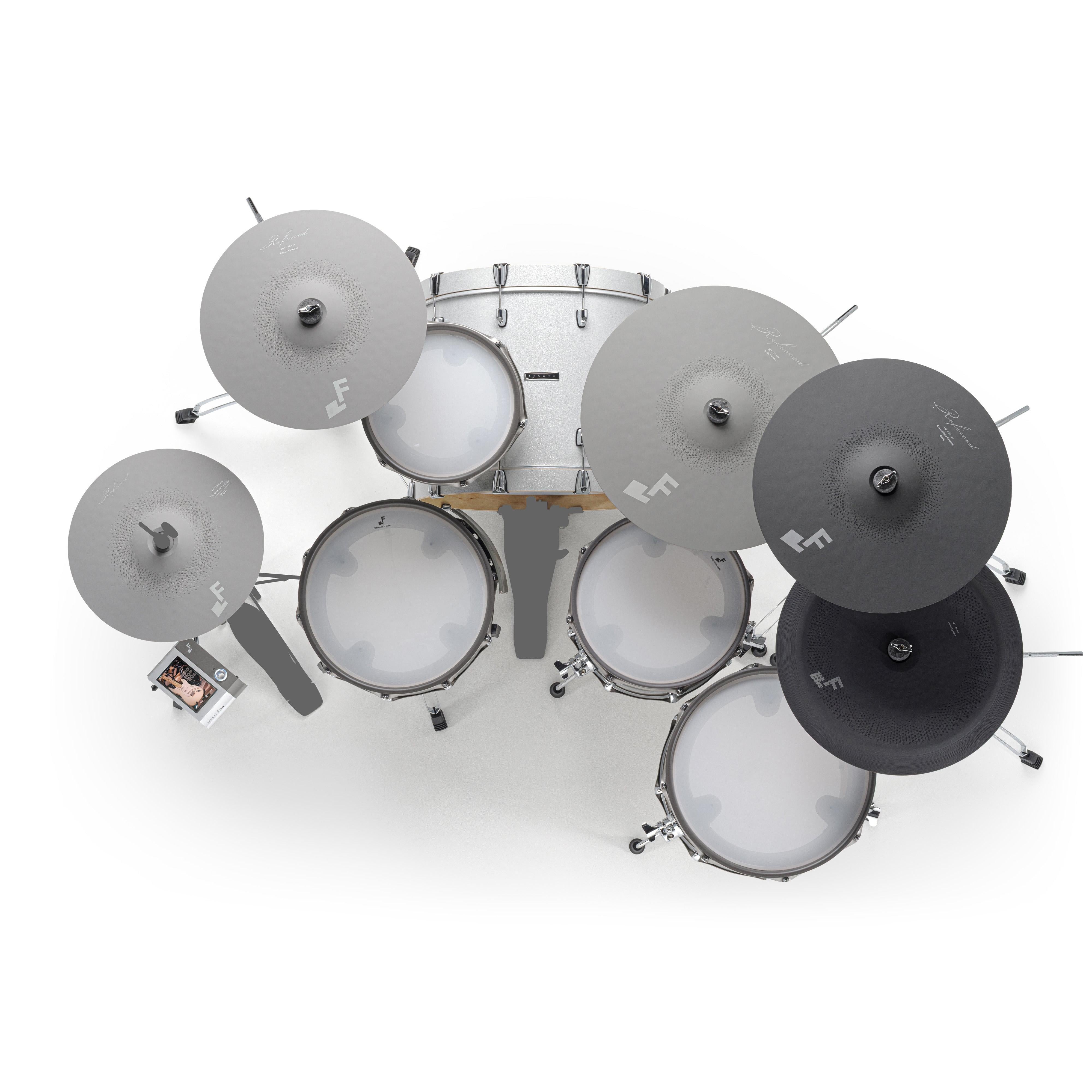 EFNOTE Aura 73 electronic drum kit from above, showing the dark crash, China and tom layout