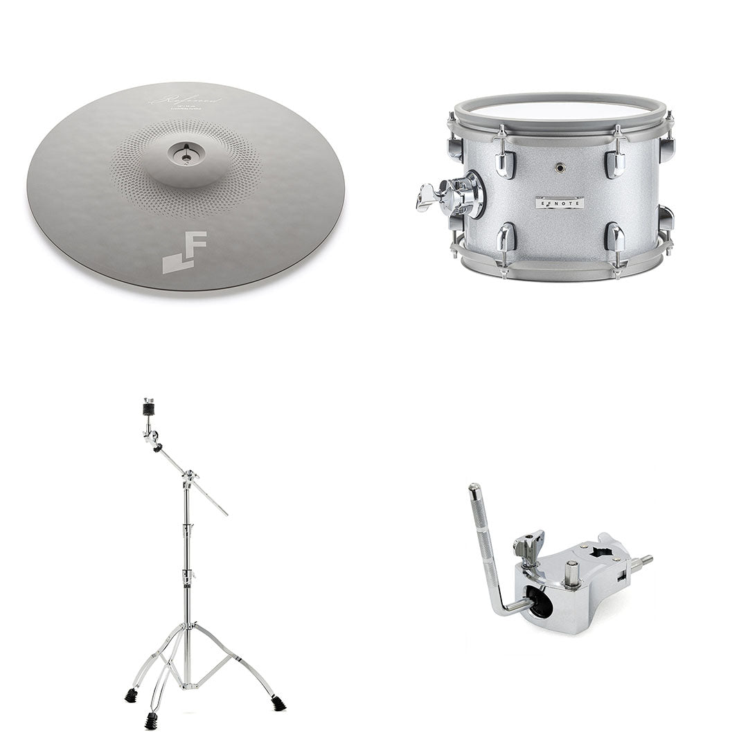 EFNOTE Aura Expansion Pack 1A contents: 18″ crash/ride cymbal pad, 10″ mesh rack tom, boom cymbal stand and tom mount