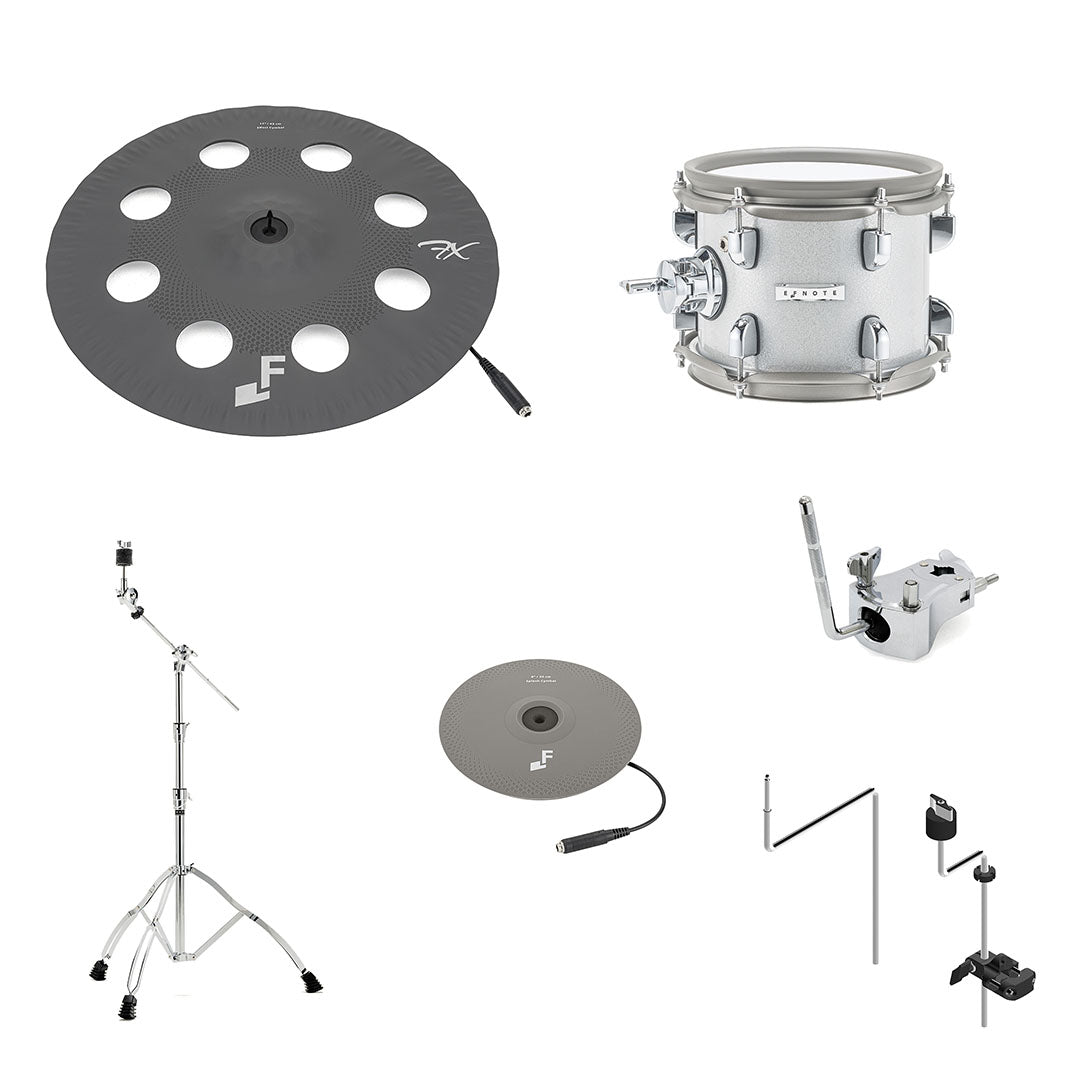 EFNOTE Aura Expansion Pack 2A contents: 17″ effect crash, 8″ mesh rack tom, 8″ splash, boom stand, tom mount and splash holder