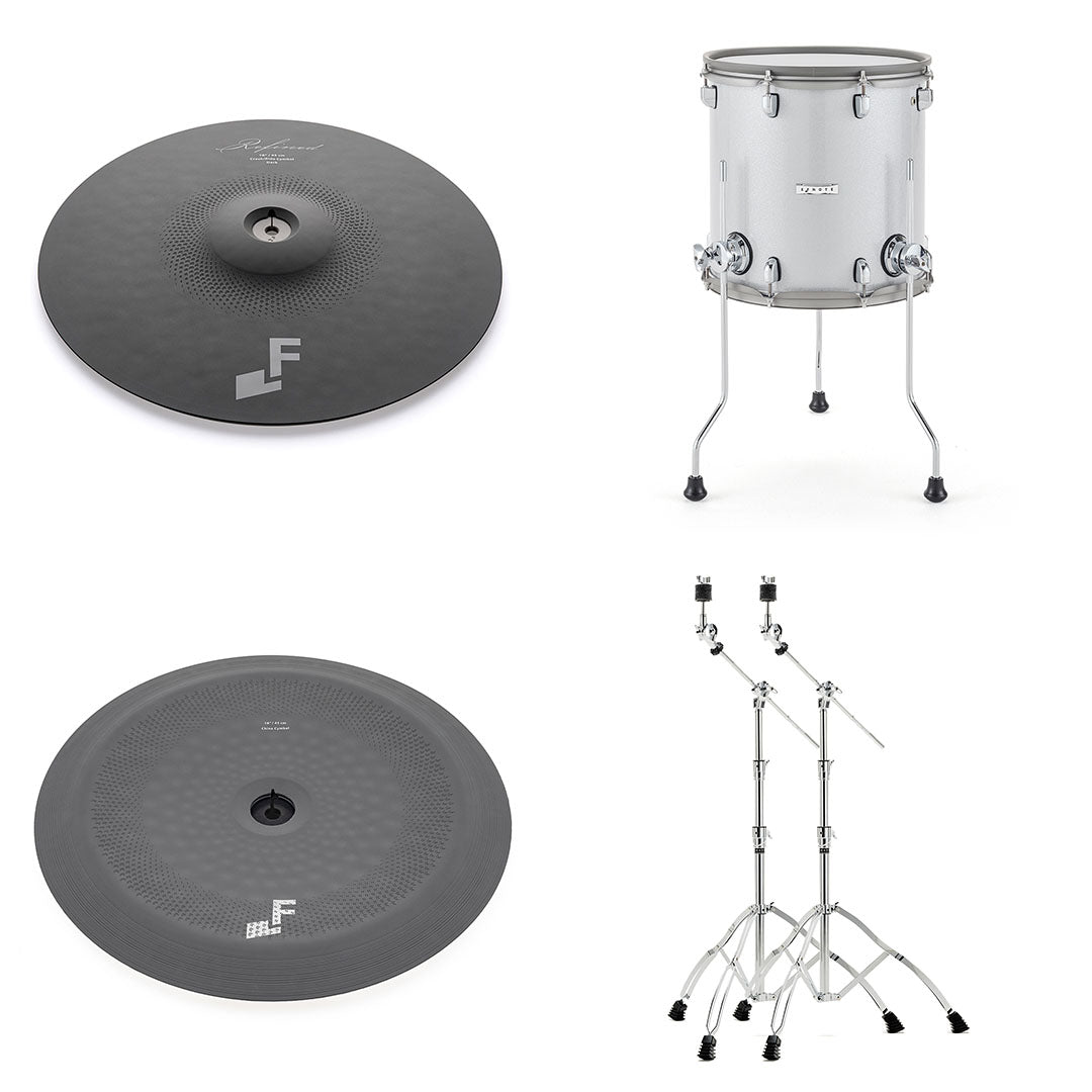 EFNOTE Aura Expansion Pack 3A contents: 18″ dark crash, 13″ mesh floor tom, 18″ China cymbal pad and two boom stands