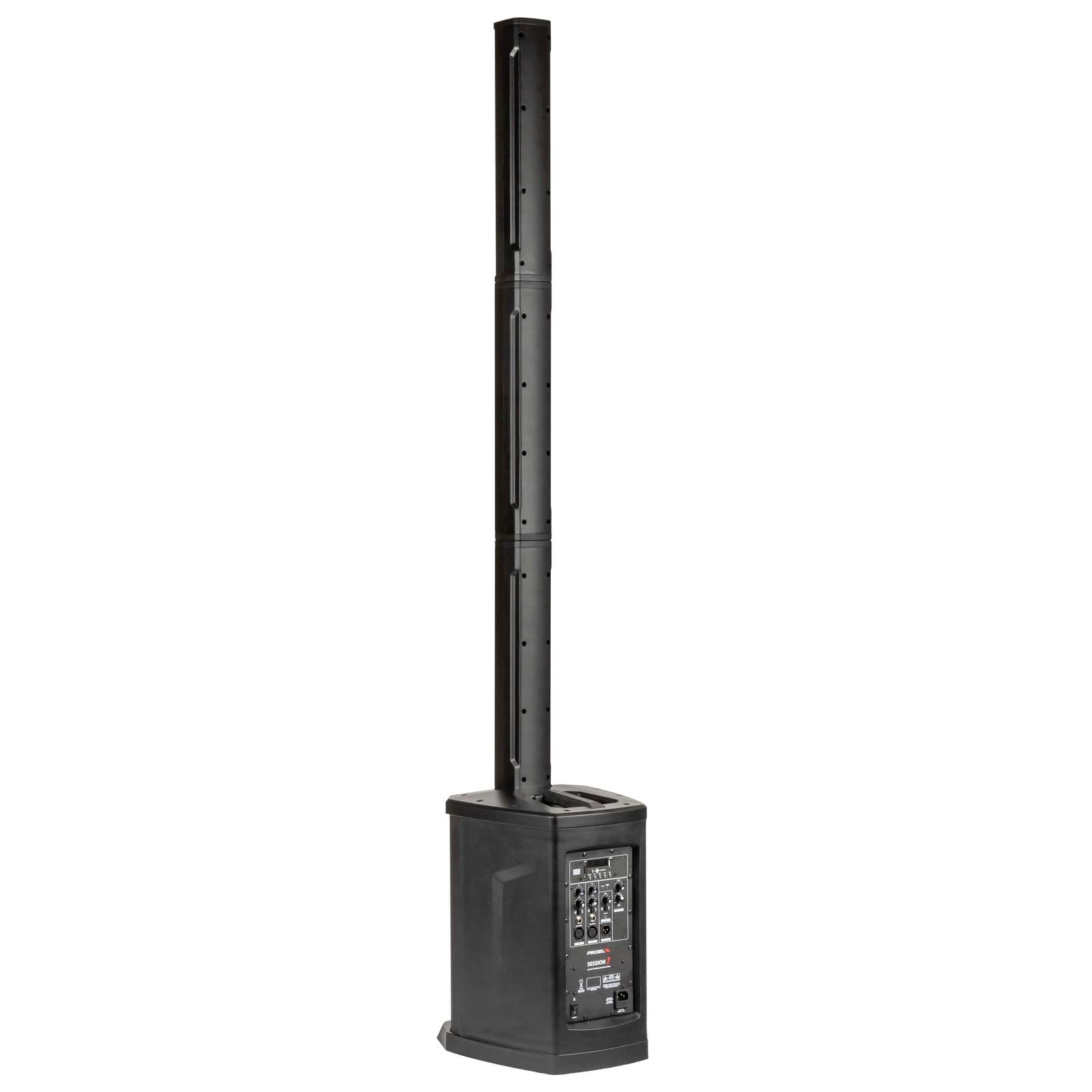 Proel Session 1 - 400 watt Pro audio PA set showing rear panel and three-piece fast-linking black column speaker system.