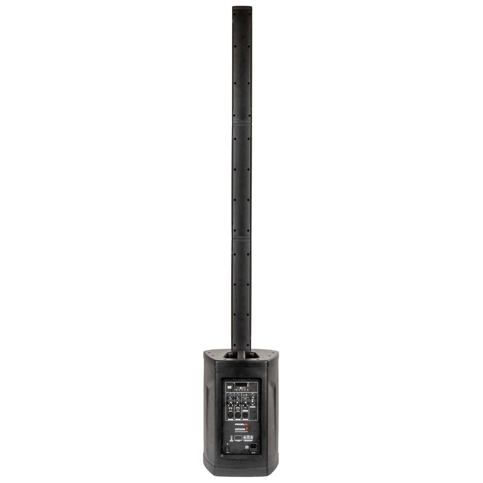 Proel Session 1 - 400 watt Pro audio PA set showing rear control panel and fast-linking column speaker setup.