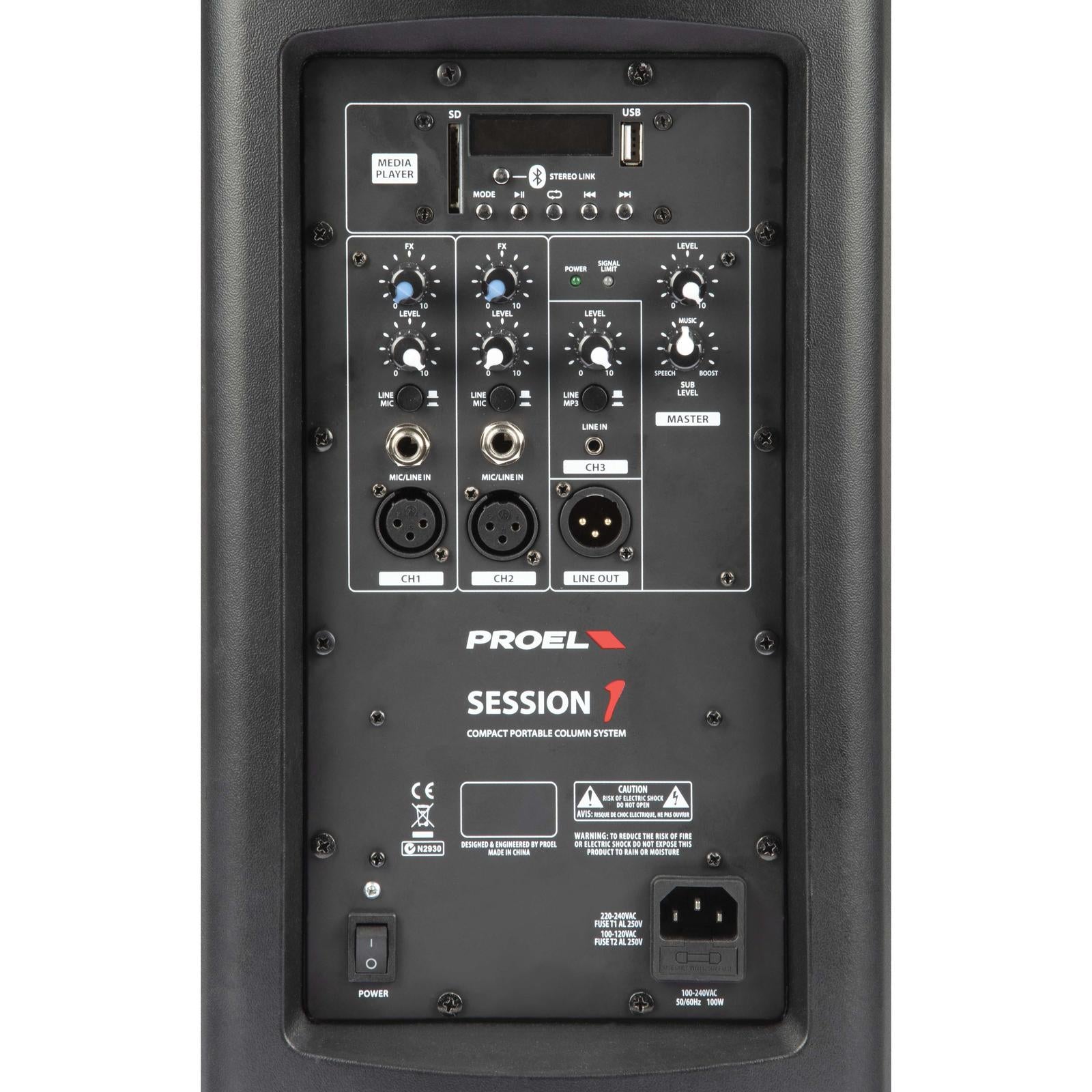 Proel Session 1 - 400 watt Pro audio PA set rear panel with inputs, controls, and USB for e-drums and small gigs.