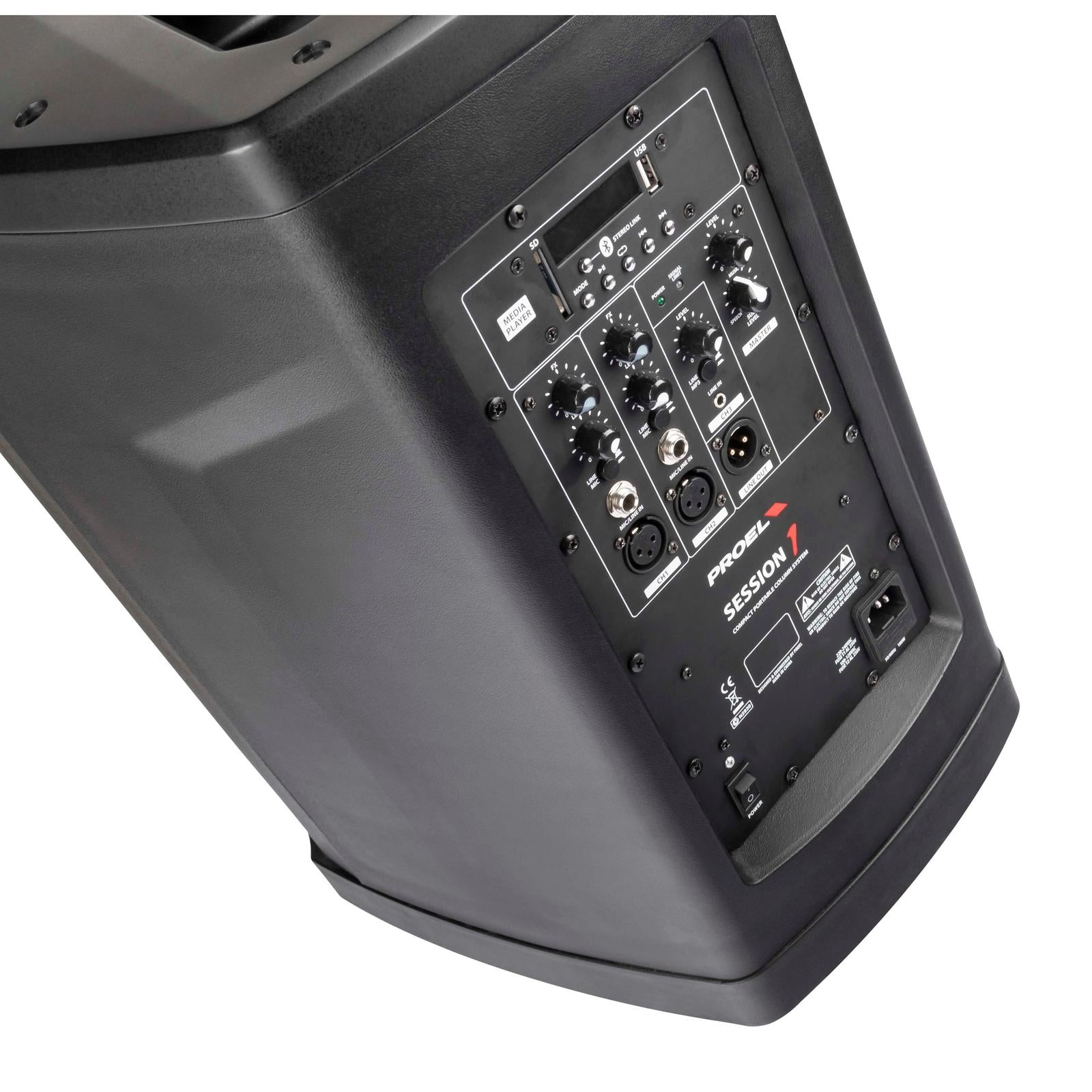 Rear control panel with inputs, knobs, and switches on Proel Session 1 - 400 watt Pro audio PA set by Proel