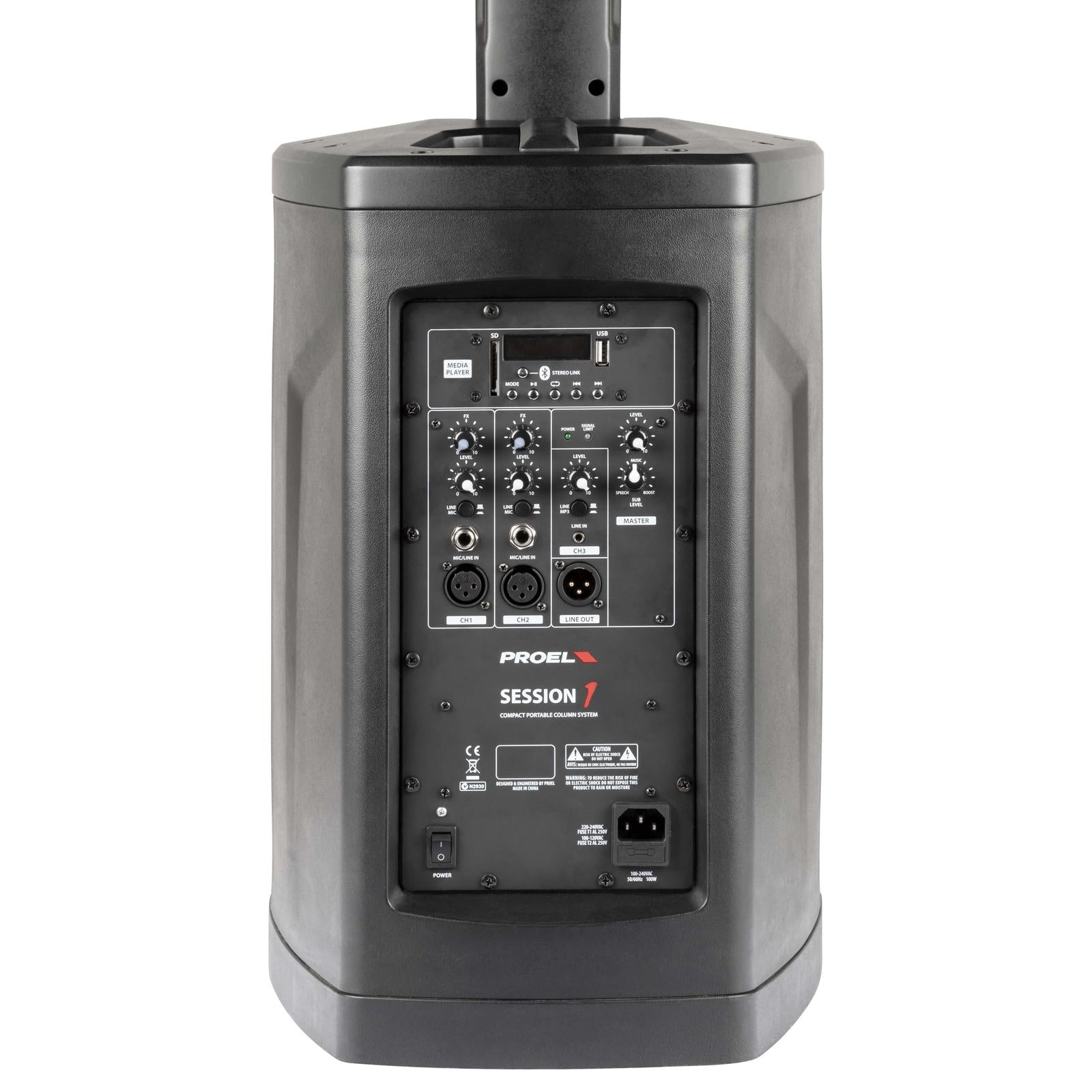 Rear panel controls and inputs of Proel Session 1 - 400 watt Pro audio PA set with XLR and volume knobs.
