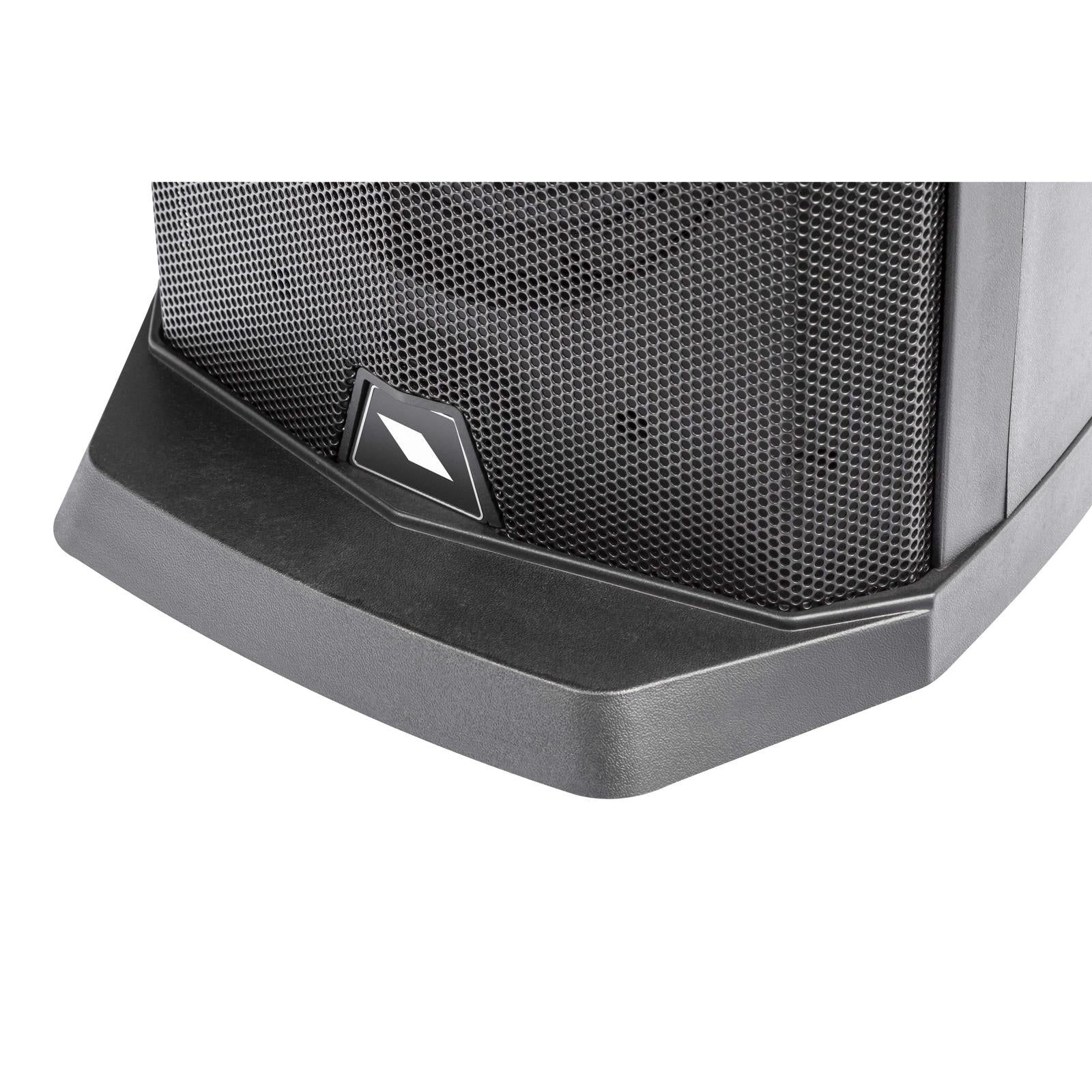 Close-up of Proel Session 1 - 400 watt Pro audio PA set black metal speaker grille and base detail