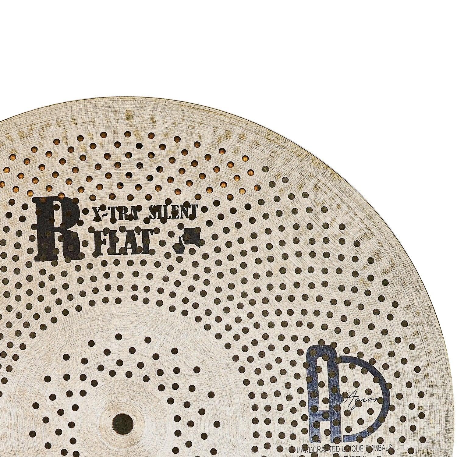 Partial view of an Agean R-Series Flat - Silent cymbal - 16" Crash with perforated design for silent practice.