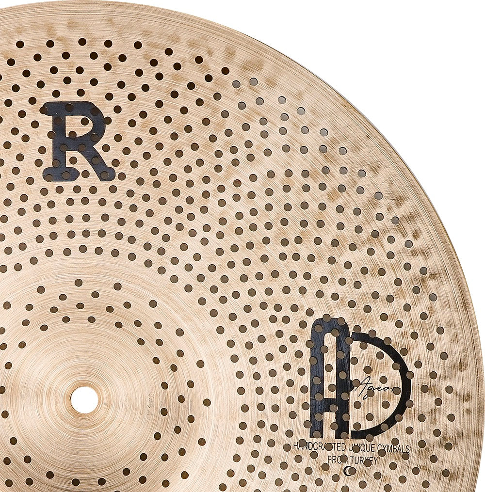 Close-up of Agean R-Series - Silent cymbal - 16" Crash with perforations and natural bronze finish from Agean