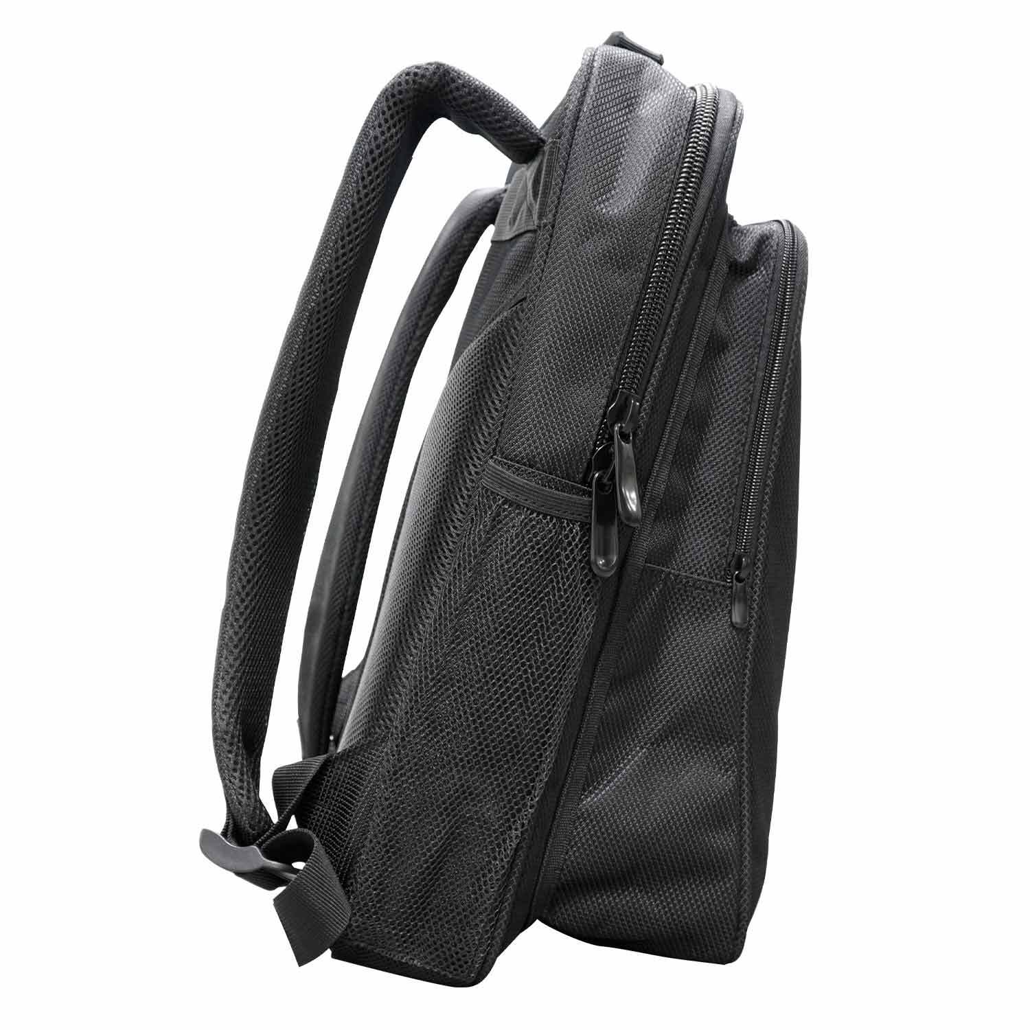 Side view of black Avatar backpack for use with percussion pads featuring adjustable straps and multiple zippered compartments