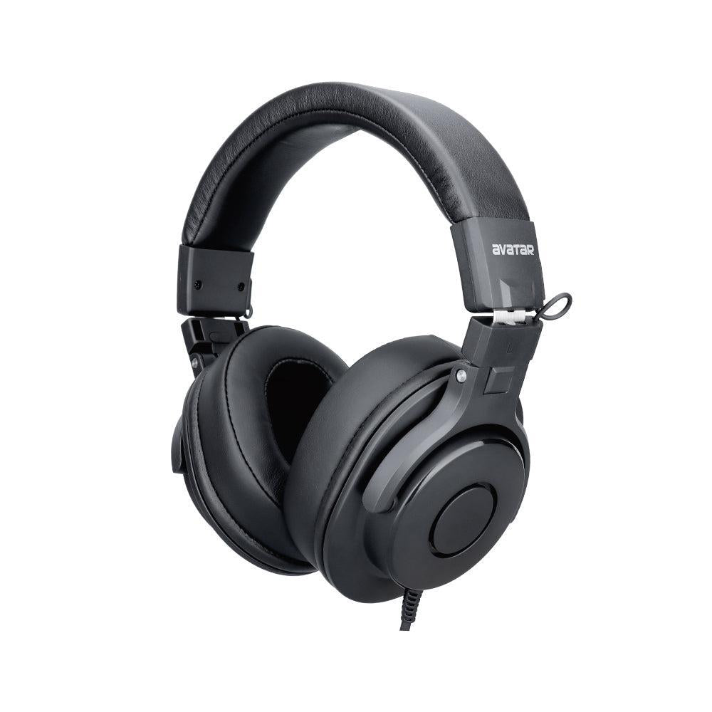 Black over-ear headphones with cushioned ear pads, shown with Medeli TP110 mini-kit bundle by Vybe Drums.