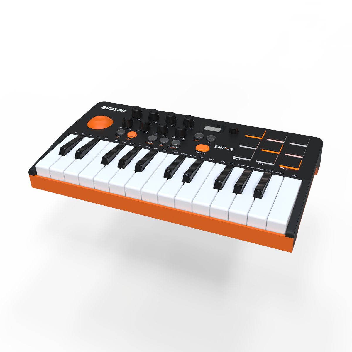 Avatar EMK-25 midi keyboard with 25 keys, orange accents, drum pads, and control knobs in compact portable design