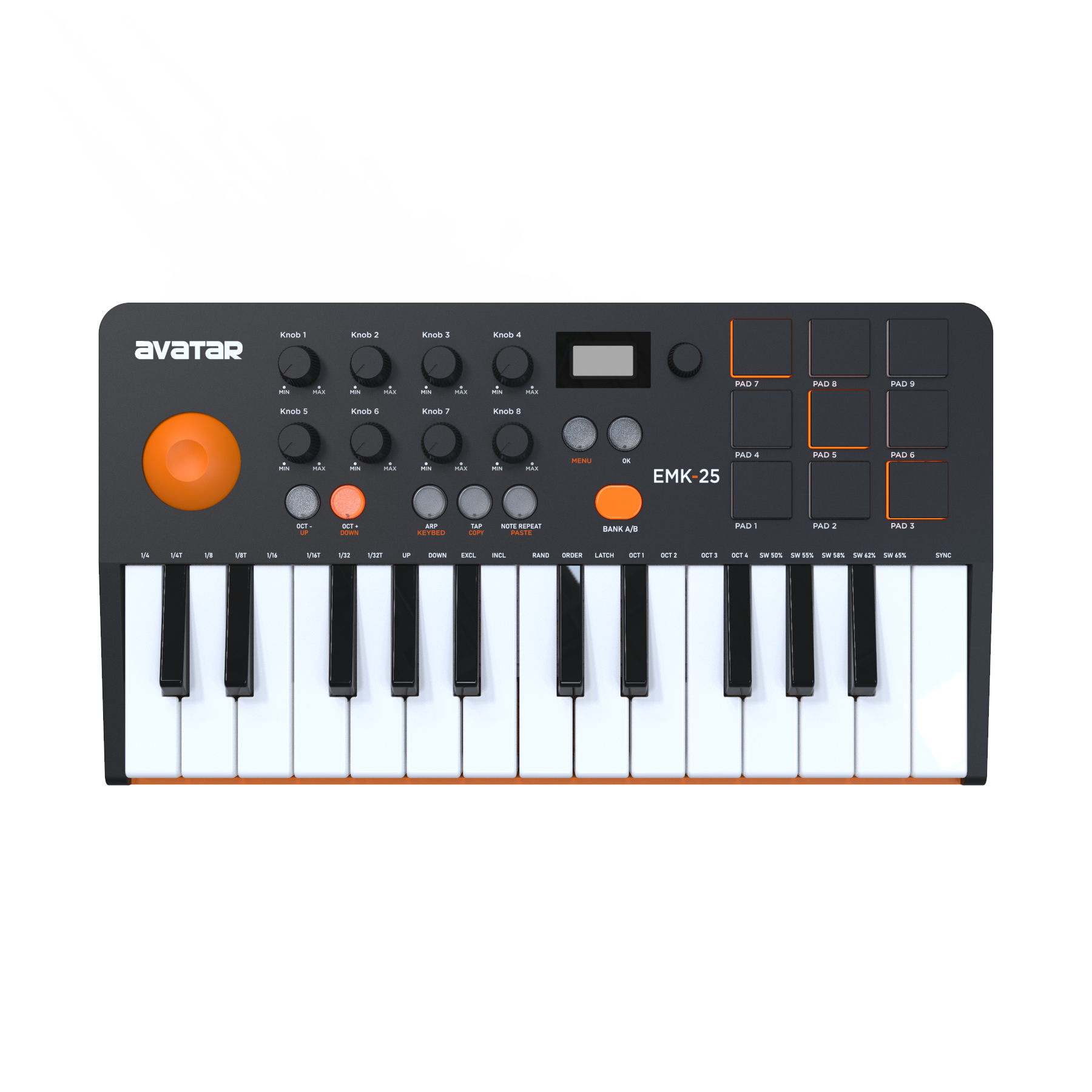 Avatar EMK-25 midi keyboard with 25 keys, drum pads, knobs, and compact portable design by Avatar brand.