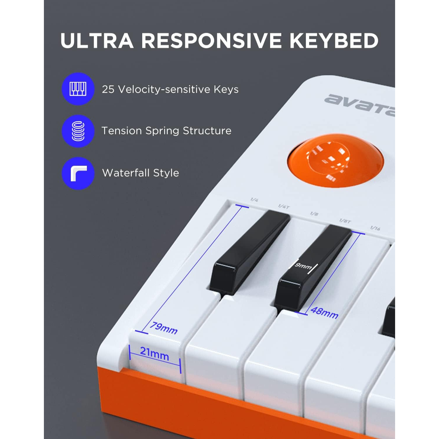 Close-up of the Avatar EMK-25 midi keyboard showing ultra responsive keybed with velocity-sensitive keys and tension spring design