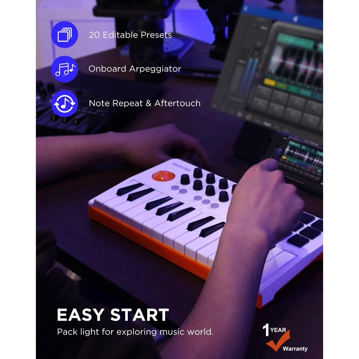Hands using the Avatar EMK-25 midi keyboard with digital music software and feature highlights displayed nearby
