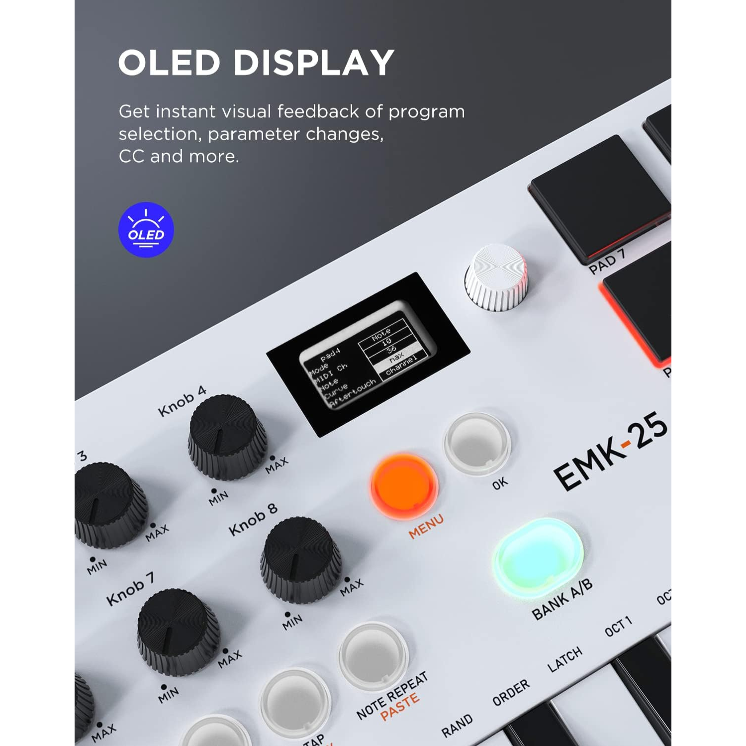 Avatar EMK-25 midi keyboard showing OLED display with control knobs and illuminated menu and bank buttons