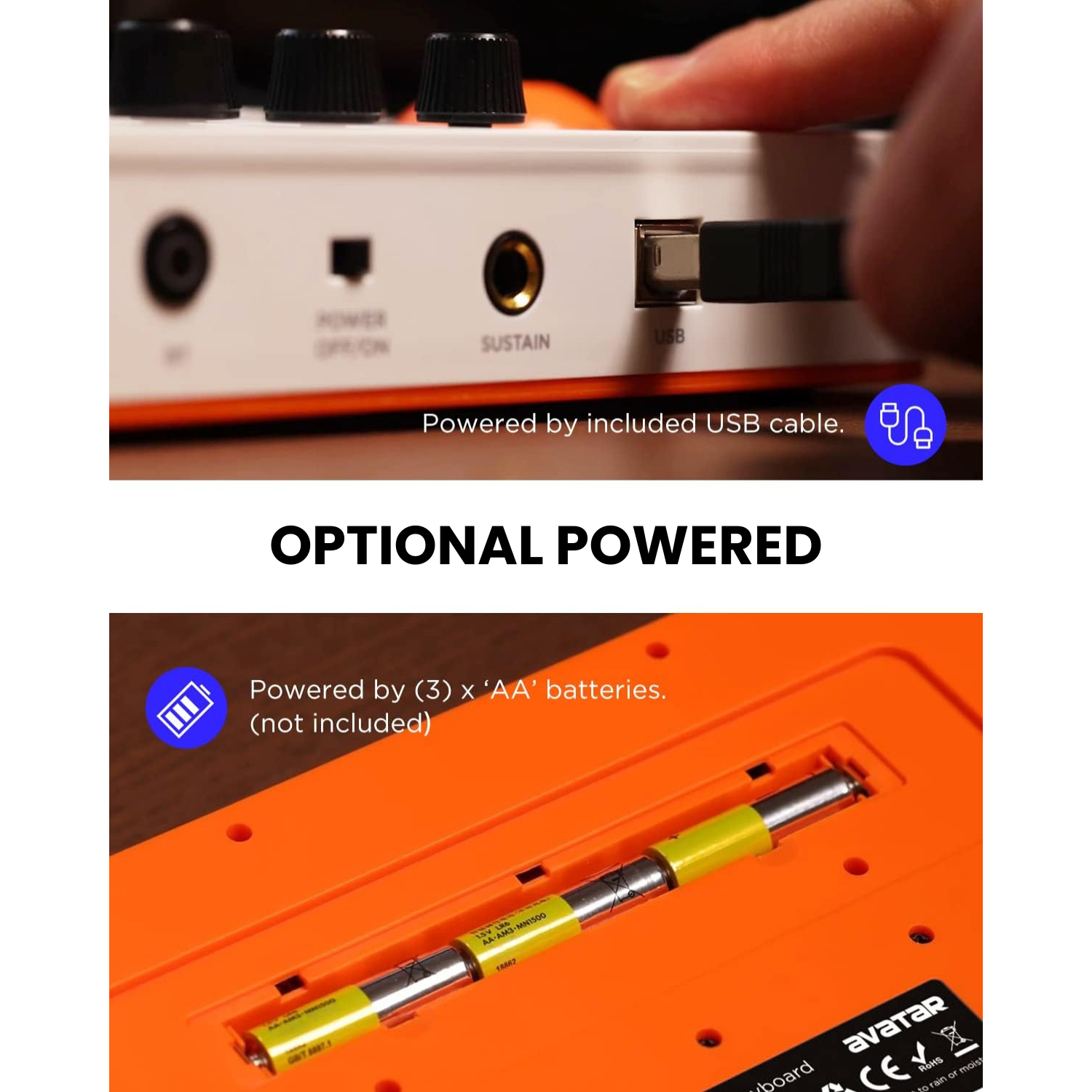 Close-up of Avatar EMK-25 midi keyboard showing USB connection and optional battery compartment with three AA batteries installed.