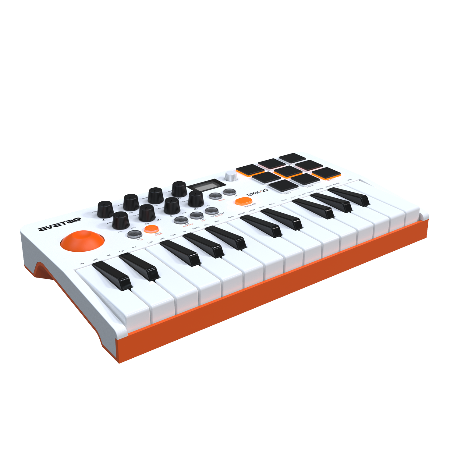 Avatar EMK-25 midi keyboard in white and orange with 25 keys, drum pads, and control knobs for music production
