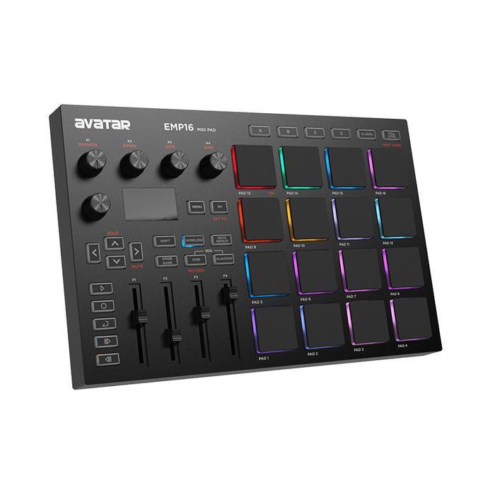 Avatar EMP16 Midi pad with 16 RGB-lit velocity-sensitive pads, rotary encoders, faders, and bank switch controls by Avatar