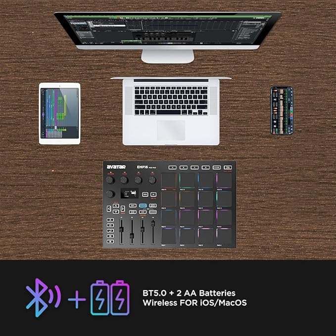 Avatar EMP16 Midi pad with 16 RGB pads, rotary encoders, and wireless Bluetooth for iOS and MacOS use.