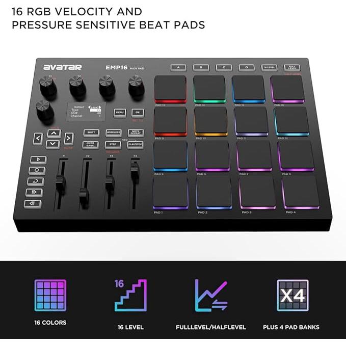 Avatar EMP16 Midi pad with 16 RGB velocity-sensitive pads, rotary encoders, sliders, and multiple pad banks by Avatar.