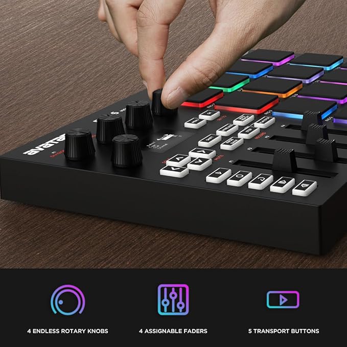 Hand adjusting rotary knob on Avatar EMP16 Midi pad with colorful RGB pads and control buttons on wooden surface
