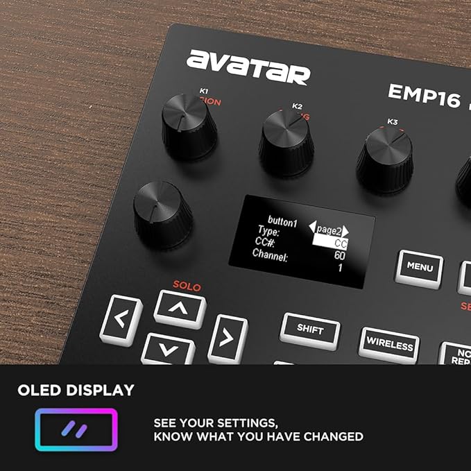 Close-up of Avatar EMP16 Midi pad showing control knobs, buttons, and an OLED display on a wooden surface