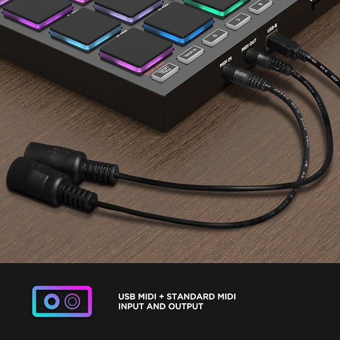 Close-up of Avatar EMP16 Midi pad showing USB and standard MIDI input and output ports with cables connected.