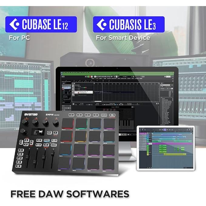 Avatar EMP16 Midi pad with 16 RGB pads and rotary encoders displayed alongside Cubase LE software on computer screens.