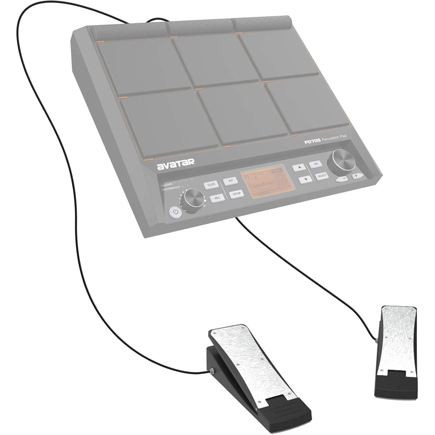 Avatar hihat/bass pedal for PD705 and PD708 connected to a digital percussion and sample pad device.