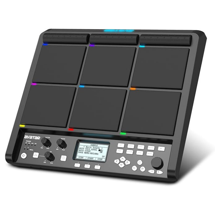 Avatar PD708 Digital Drum & Sample Pad with six touch-sensitive pads, control knobs, and an LCD screen by Avatar