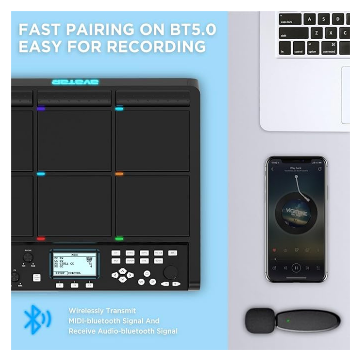 Avatar PD708 Digital Drum & Sample Pad next to a smartphone and laptop showing Bluetooth wireless pairing for easy recording