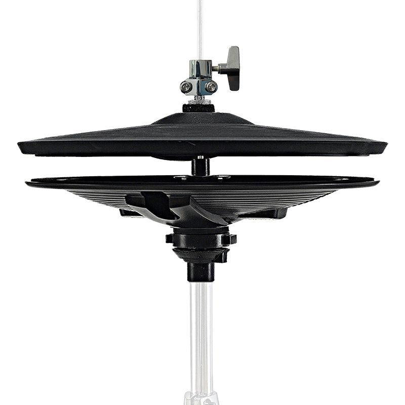 A 14 inch 2-piece hihat set with a top hi-hat cymbal, bottom plate, and connecting cable, designed to look like an acoustic hi-hat.