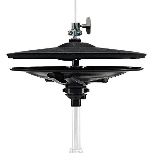 A 14 inch 2-piece hihat set with a top hi-hat cymbal, bottom plate, and connecting cable, designed to look like an acoustic hi-hat.