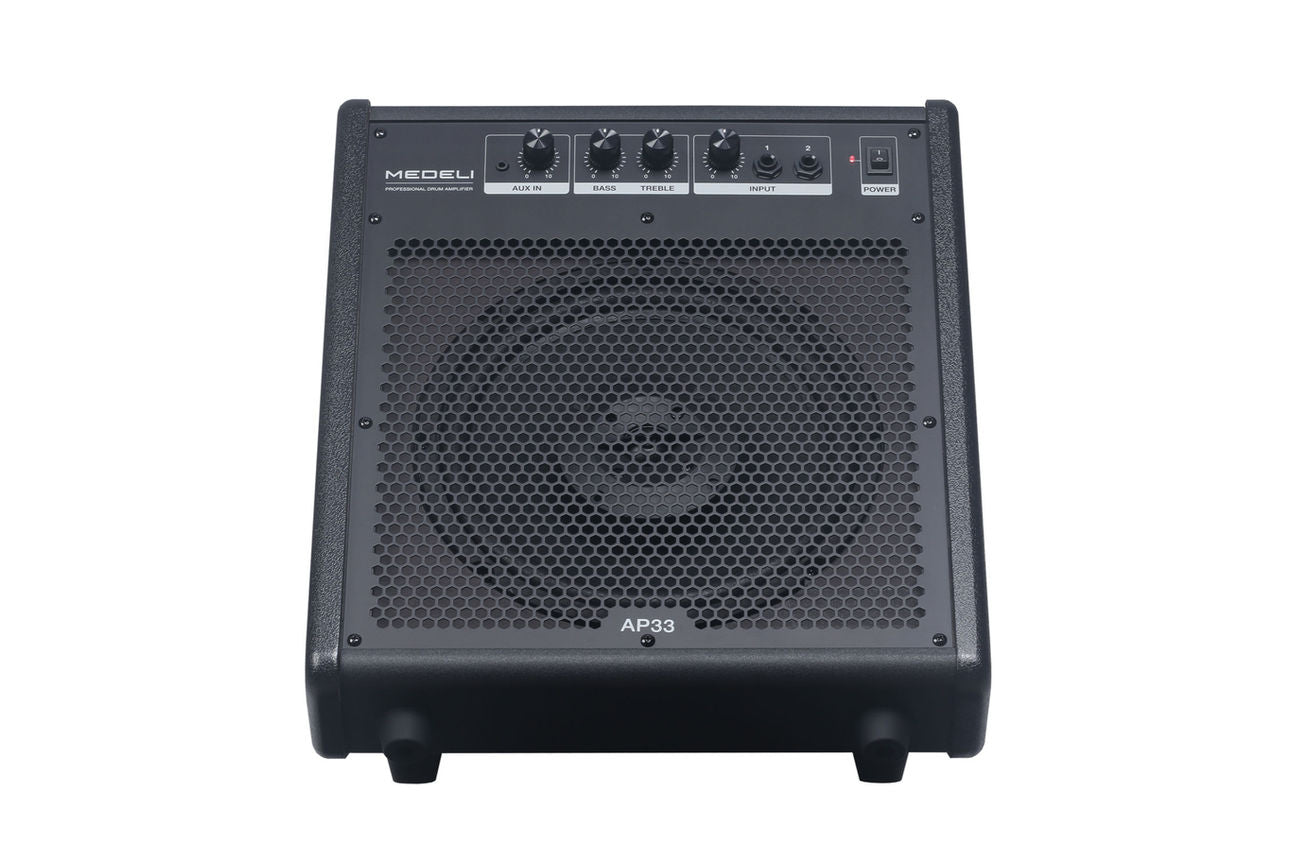 Medeli AP-33 Drum Monitor in black with dual volume control knobs and clear speaker grille for powerful sound.