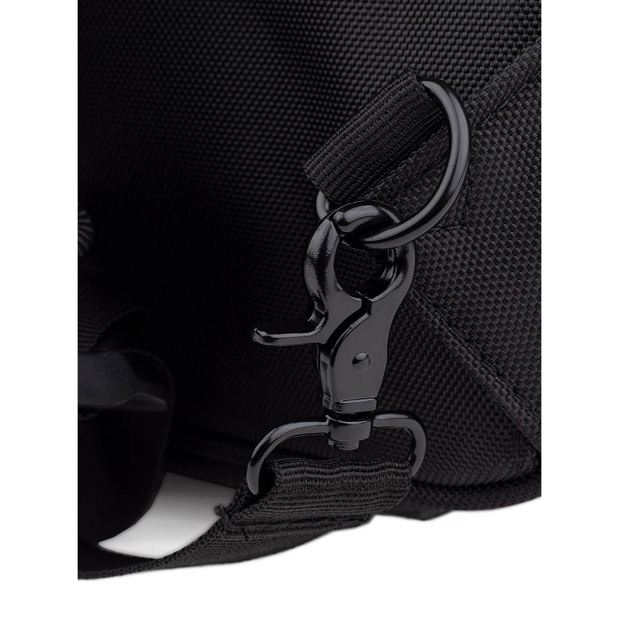 Close-up of black metal clasp and durable strap on Boston Smart Luggage Backpack for Accessories by Boston
