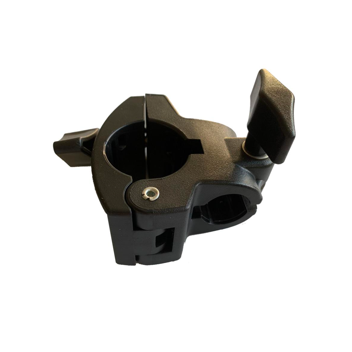 Straight cymbal arm extension pack SpareDrum clamp designed for drum racks with adjustable tightening knobs and black finish