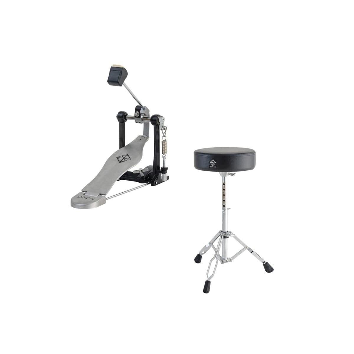 Dixon PCPE-3 PSN-7 + PP-P0 set showing electronic drum pedal and adjustable round drum throne with tripod legs