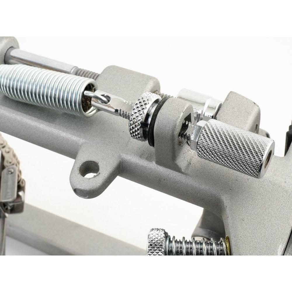 Close-up of metal tension spring and adjustment knob on Dixon DIXON PP-PK New K Series single bassdrum pedal.