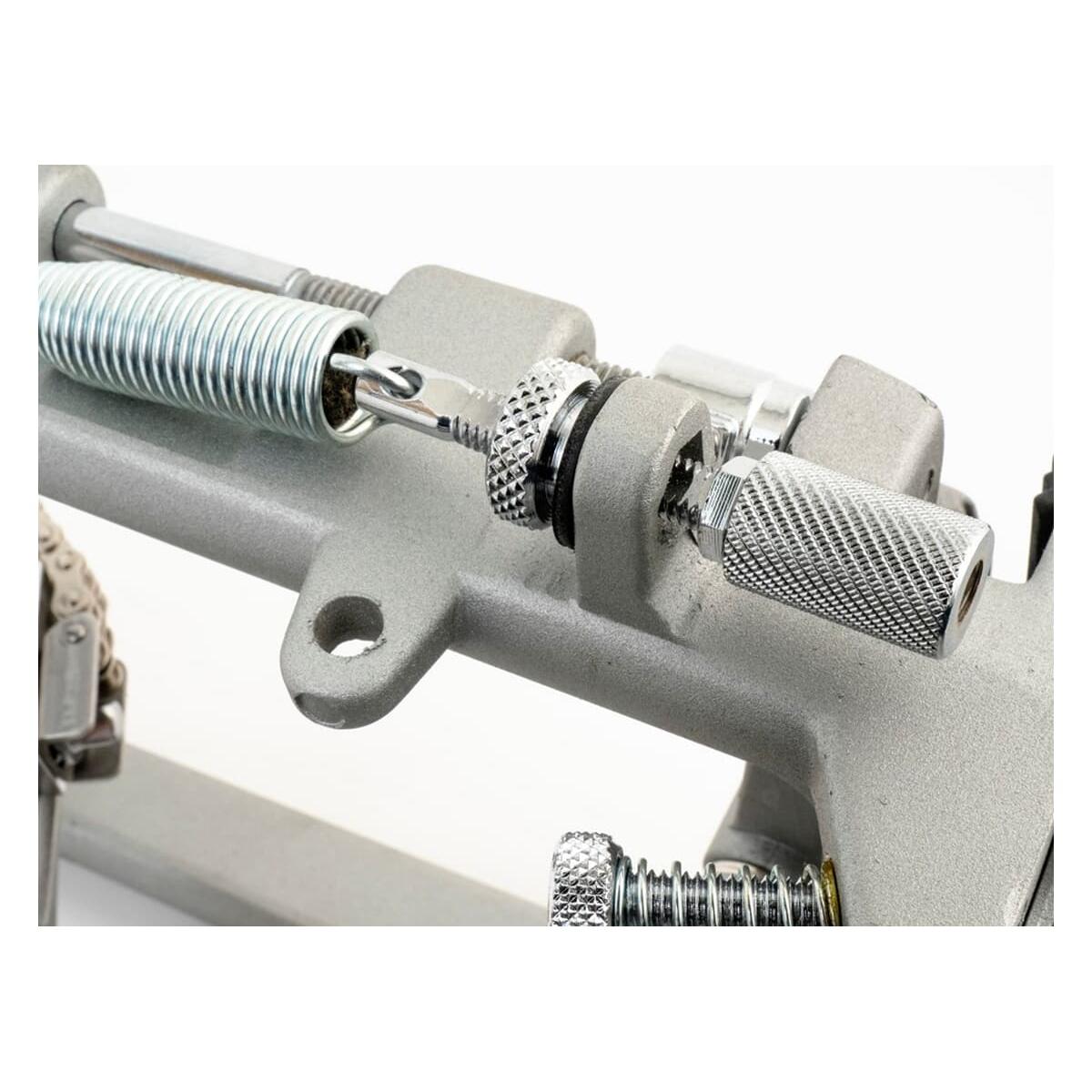 Close-up of the adjustment mechanism on the Dixon PP-PKD K Series Double Pedal Double Chain Drive system in gray finish